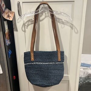 Trades of hope Blue Woven Tote Bag with Tan Straps